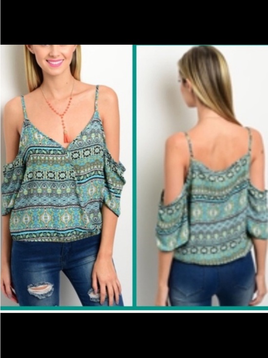 Boho Cold Shoulder Top Teal Tribal Print Flowy Spaghetti Strap Blouse - Picture 2 of 3